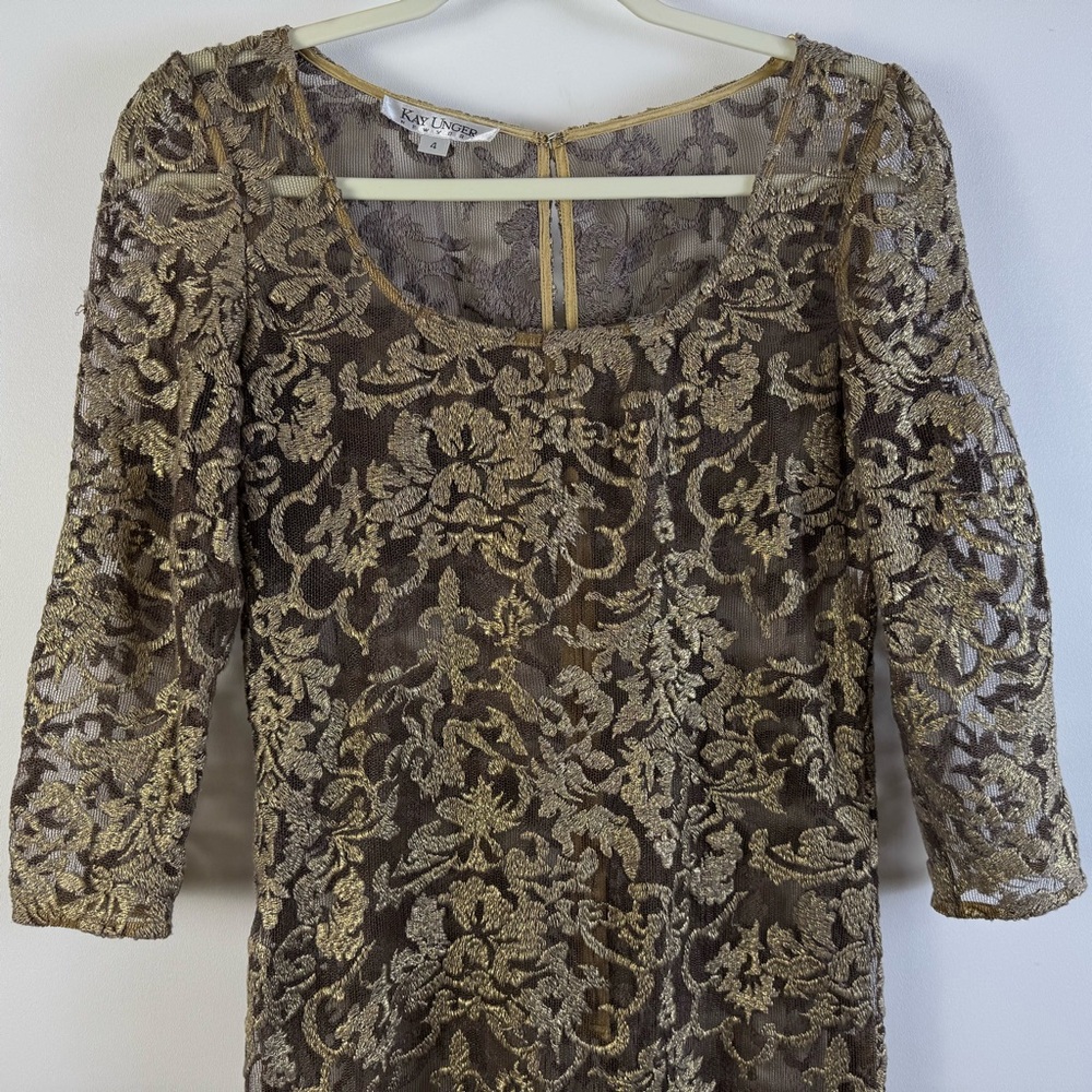 Kay Unger Lace Overlay Metallic Gold Sheath Dress Sheer Party Date Event Sz 4 - Picture 2 of 13